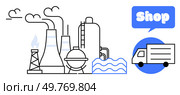 Industrial complex with smokestacks and refinery equipment. Delivery truck within a speech bubble labeled shop. Ideal for commerce, industry, transport, manufacturing, logistics. Clean lines. Industrial Factory with Shop Delivery Truck and Smokestacks. Стоковая иллюстрация, агентство Ingram Publishing / Фотобанк Лори