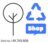 A minimalistic design featuring a tree and a recycle symbol emphasizes environmental consciousness. Ideal for eco-friendly campaigns, green products, sustainability education, recycling programs. Sustainability Symbols for Eco-Friendly Shopping and Recycling Initiatives. Стоковая иллюстрация, агентство Ingram Publishing / Фотобанк Лори