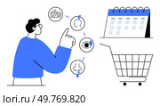 Person pointing to icons of senses like touch, taste, sight, smell, and hearing, alongside a calendar and a shopping cart. Ideal for sensory marketing, e-commerce planning, accessibility, time. Person Interacting with Icons Representing Human Senses Near Calendar and Shopping Cart. Стоковая иллюстрация, агентство Ingram Publishing / Фотобанк Лори