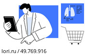 Healthcare professional holding a tablet and pointing outward with a blue square behind him. A medical chart of lungs and a shopping cart are also included. Ideal for medical, healthcare, technology. Healthcare Professional with Tablet and Medical Chart on Blue Background. Стоковая иллюстрация, агентство Ingram Publishing / Фотобанк Лори