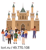 A diverse group of tourists gathering in front of a historic castle with tall towers and flags. Ideal for travel promotion, history education, tourism, cultural exploration, and guided tours. Flat. Group of Tourists Visiting a Historic Castle. Стоковая иллюстрация, агентство Ingram Publishing / Фотобанк Лори