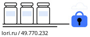 Three jars sit on a shelf beside a cloud and padlock, symbolizing secured digital storage and protection of data. Ideal for data security, cloud storage, digital archiving, data protection. Secured Cloud Storage for Archived Data and Digital Collections. Стоковая иллюстрация, агентство Ingram Publishing / Фотобанк Лори