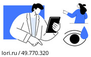 Medical professional holding a tablet pointing down, person pointing right, large eye symbol with teardrop. Ideal for healthcare, technology, telemedicine, patient care communication, vision support. Medical Consultation and Vision Care Concept with Healthcare Professionals and Eye Symbol. Стоковая иллюстрация, агентство Ingram Publishing / Фотобанк Лори