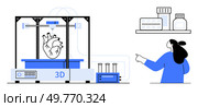 A 3D printer creating a heart model with a technician pointing at shelves with medicine bottles. Ideal for medical advancements, biotechnology, technology innovation, healthcare, and scientific. 3D Printing Technology for Medical Innovations Featuring Heart Prototype and Lab Technician. Стоковая иллюстрация, агентство Ingram Publishing / Фотобанк Лори