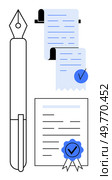 Fountain pen, scroll, document with check mark, certificate with blue seal. Ideal for legal, business, education, finance, and administration themes. Simple line art style with minimal colors. Fountain Pen with Documents Pend for Legal, Business, and Education Use. Стоковая иллюстрация, агентство Ingram Publishing / Фотобанк Лори
