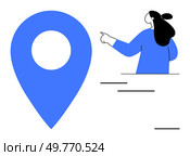 Woman with black hair pointing at a large blue location pin symbol. Ideal for navigation guidance, location-based services, user interface design, map applications, and travel-related marketing. Woman Pointing at Large Blue Location Pin. Стоковая иллюстрация, агентство Ingram Publishing / Фотобанк Лори