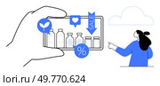 A hand holding a smartphone displays various bottled products with sale icons above them while a person is pointing towards the screen. Ideal for online shopping, e-commerce, digital marketing, sale. Online Shopping Concept with Smartphone Showing Sale on Bottled Products and Customer Interaction. Стоковая иллюстрация, агентство Ingram Publishing / Фотобанк Лори