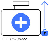A minimalist style medical first aid kit with a blue cross symbol, accompanied by an upward arrow and a blue lock. Ideal for health care, first aid, safety, medical security, emergency preparedness. Medical First Aid Kit with Security Lock and Upward Arrow Symbolizing Safety and Protection. Стоковая иллюстрация, агентство Ingram Publishing / Фотобанк Лори