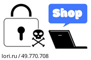 Padlock, skull and crossbones, and laptop speech bubble that says Shop. Ideal for online security, e-commerce dangers, cyber threats, secure shopping, and internet safety. Simple flat style. Cybersecurity for Online Shopping Lock, Skull and Crossbones, Laptop and Speech Bubble with Shop. Стоковая иллюстрация, агентство Ingram Publishing / Фотобанк Лори