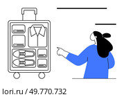 A person pointing towards an open suitcase displaying neatly packed items like clothing and shoes. Ideal for travel, organization, packing tips, minimalism, vacation planning. Modern, clear, simple. Organized Packing Concept with Person Pointing at Neatly Arranged Luggage Contents. Стоковая иллюстрация, агентство Ingram Publishing / Фотобанк Лори