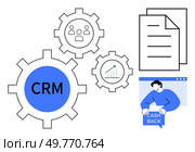 Gear symbols with CRM, people, and graph icons, documents, and person holding cash back text. Ideal for business, customer management, data analysis, financial rewards, organizational tools. Line art. Customer Relationship Management System with Cash Back Benefit and Analytics. Стоковая иллюстрация, агентство Ingram Publishing / Фотобанк Лори