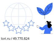 Globe with five stars and woman pointing at leaf. Ideal for global recognition sustainability eco-friendly initiatives environmental awareness nature conservation. Simplistic modern style. Global Excellence and Sustainability Concept with Stars and Woman Pointing. Стоковая иллюстрация, агентство Ingram Publishing / Фотобанк Лори