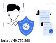 Face detection scan, security shield with checkmark, and validated documents. Ideal for identity verification, cybersecurity, authentication, digital security, and data protection. Minimalist. Facial Recognition Scan with Security Shield and Document Verification Symbol. Стоковая иллюстрация, агентство Ingram Publishing / Фотобанк Лори