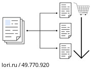 Shopping concept. Multiple document sheets are linked to a shopping cart through connecting lines and arrows. Ideal for content management, e-commerce, data organization, flowcharts, and business. Shopping Cart Aggregation Process Flow Diagram With Document Sheets. Стоковая иллюстрация, агентство Ingram Publishing / Фотобанк Лори