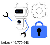 Robot with antennae and mechanical arms, next to a gear and a lock symbol. Ideal for Automation, AI, Security, Engineering, Technology. Simplistic modern style, emphasizing robotics and security. Robotic Technology and Security Concept Robot, Gear, Lock, Blue Colour Scheme. Стоковая иллюстрация, агентство Ingram Publishing / Фотобанк Лори