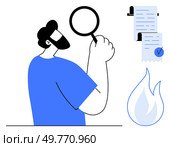 A person holding a magnifying glass closely examines documents beside a burning paper icon. Ideal for audit, investigation, scrutiny, document review, risk management. Man Inspecting Documents with Magnifying Glass Next to Flaming Paper. Стоковая иллюстрация, агентство Ingram Publishing / Фотобанк Лори