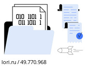 Folder with binary code papers a receipt with a blue checkmark and a rocket icon. Ideal for digital data management document organization coding programming and tech advancements. Simple modern style. Abstract Digital File Management with Data and Document Elements. Стоковая иллюстрация, агентство Ingram Publishing / Фотобанк Лори