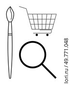 Black and white icons include a paintbrush, shopping cart and magnifying glass. Ideal for themes such as art, shopping, search, minimalism and online business. Simple line art style. Simplistic Black and White Icons of Paintbrush, Shopping Cart and Magnifying Glass. Стоковая иллюстрация, агентство Ingram Publishing / Фотобанк Лори