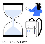 An hourglass, a person pointing to the right, and a backpack. Ideal for education, productivity, planning, organization, routine. Flat design style. Time Management Concept with Hourglass and Backpack. Стоковая иллюстрация, агентство Ingram Publishing / Фотобанк Лори