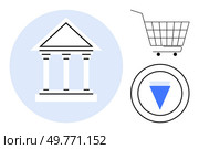 Bank building with columns, shopping cart, and download button with arrow are visible. Ideal for financial services, online shopping platforms, user interface design, digital downloads promotion. Bank Building, Shopping Cart, and Download Button Icons on Minimalist Design. Стоковая иллюстрация, агентство Ingram Publishing / Фотобанк Лори
