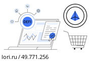 Laptop with financial charts DEFI text surrounded by symbols certificate with ribbon shopping cart and triangle icon. Ideal for digital finance fintech decentralized finance e-commerce and technology. Financial Technology and Decentralized Finance Concepts with Charts Certificates and Shopping. Стоковая иллюстрация, агентство Ingram Publishing / Фотобанк Лори