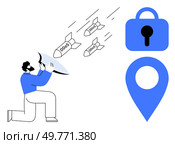 A person using a shield to protect against incoming DDoS attacks. Symbols of security and location. Ideal for cybersecurity, data protection, internet safety, online threats, IT security. Modern. Protecting from DDoS Attacks with Cybersecurity Measures. Стоковая иллюстрация, агентство Ingram Publishing / Фотобанк Лори