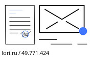 A document with a signature and an envelope with a notification dot. Ideal for digital communication, email services, contract signing, online correspondence, and office productivity. Simple graphic. Digital Communication and Document Signing with Simplified Graphics. Стоковая иллюстрация, агентство Ingram Publishing / Фотобанк Лори