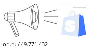 Black outlined megaphone with sound waves directed towards a blue shopping bag. Ideal for advertising, marketing strategies, online shopping promotions, e-commerce, and retail advertising campaigns. Announcement Through Megaphone Directing Attention to Shopping Bag. Стоковая иллюстрация, агентство Ingram Publishing / Фотобанк Лори