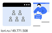 A person holding a cashback sign with a website interface displaying user icons. Ideal for online business, virtual meetings, customer rewards, e-commerce, and digital marketing. Simple modern style. Virtual Meeting and Cashback Offer in Online Business Environment Concept. Стоковая иллюстрация, агентство Ingram Publishing / Фотобанк Лори