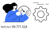 Woman adjusting a speed indicator with a gear symbol to the right. Ideal for technology, settings, user interface, software control, performance optimization. Simple flat illustration style. Woman Adjusting Speed Indicator and Gear Symbol Representing Control and Settings. Стоковая иллюстрация, агентство Ingram Publishing / Фотобанк Лори