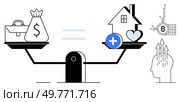 Scale with money and briefcase balanced against house, heart, and health symbol. Bitcoin and arrows by a head suggest digital trends and growth. Ideal for finance balance, cryptocurrency, work-life. Balancing Financial Wealth with Home, Health, and Happiness. Conceptual Vector Design. Стоковая иллюстрация, агентство Ingram Publishing / Фотобанк Лори