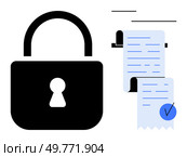 Large black padlock next to a rolled receipt or document with a blue verification checkmark. Ideal for security, privacy, data protection, authenticity, verification. Minimalist vector style. Secure Document with Padlock and Verification Checkmark. Стоковая иллюстрация, агентство Ingram Publishing / Фотобанк Лори