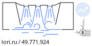 Blue outlines of a water dam with cascading waterfalls into a pool below. A growth chart and cryptocurrency symbol are included. Ideal for economics, technology, finance, cryptocurrency. Waterfall Effect Diagram with Financial Growth and Cryptocurrency Symbol. Стоковая иллюстрация, агентство Ingram Publishing / Фотобанк Лори