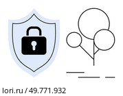 Shield with lock symbol next to a minimalistic tree. Ideal for security protection privacy nature simplicity and technology. Clean lines and muted colors enhance the modern style of the elements. Security Shield and Minimalist Tree Outline Illustration Representing Protection and Nature Themes. Стоковая иллюстрация, агентство Ingram Publishing / Фотобанк Лори