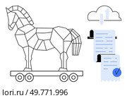Geometric Trojan horse on wheels and cloud icon with arrows. Blue checkmarked receipt emerges from a machine. Ideal for cybersecurity, cloud storage, data security, file management, software updates. Geometric Trojan Horse and Cloud Storage Icon with Checkmark Receipt. Стоковая иллюстрация, агентство Ingram Publishing / Фотобанк Лори