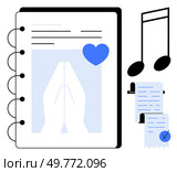 Notebook with praying hands, blue heart, music notes, and checklists. Ideal for spirituality, journaling, organization music productivity. Simple, modern, clean style. Notebook with Praying Hands, Music Notes, and Checklists Highlighting Elements of Spirituality and Organization. Стоковая иллюстрация, агентство Ingram Publishing / Фотобанк Лори