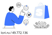 Person pointing at sensory icons representing touch, smell, taste, hearing, and sight. Shopping bag with S symbol and a flower are also present. Ideal for education, marketing, sensory learning. Sensory Awareness and Consumer Behavior with Shopping Bag and Icons. Стоковая иллюстрация, агентство Ingram Publishing / Фотобанк Лори