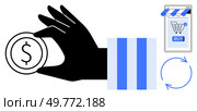 Black hand holding coin with dollar sign, storefront with shopping cart on phone screen, and cycle arrow. Ideal for e-commerce, online shopping, mobile transactions, digital trade, cashless payments. Hand Holding Coin with Shopping Elements and Transaction Icons. Стоковая иллюстрация, агентство Ingram Publishing / Фотобанк Лори