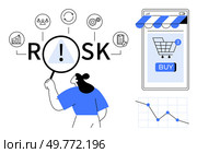 A person analyzing risk with a magnifying glass, highlighting business icons, a shopping cart on a mobile app, and a declining line graph. Ideal for business planning, e-commerce, risk management. Risk Analysis in Online Shopping with Business and E-commerce Metrics and Trends. Стоковая иллюстрация, агентство Ingram Publishing / Фотобанк Лори