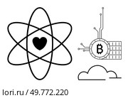 Black heart enclosed in an atom structure, a Bitcoin coin showing circuitry connections and a cloud outline. Ideal for technology, love in science, cryptocurrency, minimalism, modern graphics. Heart Inside Atom Structure with Bitcoin Coin and Cloud. Стоковая иллюстрация, агентство Ingram Publishing / Фотобанк Лори