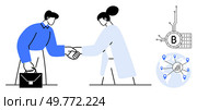 Two people shaking hands, symbolizing a business agreement. Includes a Bitcoin symbol with circuitry and a globe with connected locations. Ideal for business, finance, cryptocurrency, partnerships. Business Agreement with Digital Blockchain and Global Network Elements. Стоковая иллюстрация, агентство Ingram Publishing / Фотобанк Лори