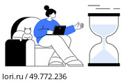 A person sits comfortably on a chair with a laptop, accompanied by a cat. A large hourglass is positioned nearby. Ideal for remote work, time management, productivity, work-home balance, and pet. Woman Working on a Laptop with a Cat Beside and a Large Hourglass Nearby, Representing Time Management. Стоковая иллюстрация, агентство Ingram Publishing / Фотобанк Лори