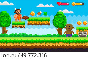 Caveman with club and hearts bar on the health UI. Enemy character, floating platforms, large trees on grassy terrain. Ideal for retro gaming, adventure games, pixel art, platformer levels, and game. Caveman in Pixelated Adventure Collecting Coins and Fighting Enemies in Vintage 8-Bit Style Game. Стоковая иллюстрация, агентство Ingram Publishing / Фотобанк Лори