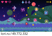 Bright pixel art scene showcases a spaceship navigating through outer space collecting points. Background includes planets, enemies, and a lush alien landscape. Ideal for gaming, retro themes. Retro Space Shooter Game with Colorful Pixel Art Elements and Alien Characters. Стоковая иллюстрация, агентство Ingram Publishing / Фотобанк Лори