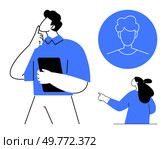 A person holding a tablet pondering with another pointing at them. An avatar headshot in a circle nearby. Ideal for business, education, teamwork, brainstorming, and communication. Modern clean style. Business and Education Concept Artwork Featuring Pensive Person and Vector Avatar. Стоковая иллюстрация, агентство Ingram Publishing / Фотобанк Лори