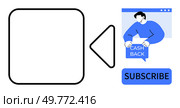 A frame with a play button, a person holding a cashback sign, and a subscribe button. Ideal for online marketing, video promotions, customer engagement, loyalty programs, and subscription services. Engage with Cashback Offer and Subscribe Call-to-Action. Стоковая иллюстрация, агентство Ingram Publishing / Фотобанк Лори