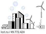 Black and white cityscape with wind turbines and solar panels. Symbols for technology and green energy hover above buildings. Ideal for sustainability, green energy, smart cities, technology. Sustainable City With Renewable Energy and Technological Integration. Стоковая иллюстрация, агентство Ingram Publishing / Фотобанк Лори
