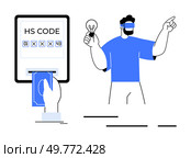 Man wearing VR headset holding a lightbulb. A hand inserting money into a machine displaying HS Code. Ideal for innovation technology virtual reality finance HS codes and futuristic concepts. Man Using Virtual Reality with Concept of Innovation and HS Code Identification. Стоковая иллюстрация, агентство Ingram Publishing / Фотобанк Лори
