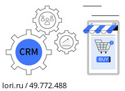 Gears labeled CRM and icons such as graphs and shopping cart on smartphone screen. Ideal for business management, online sales, customer relationship management, analytics, workflow efficiency. Flat. CRM and E-commerce Integration for Optimized Customer Management and Online Sales. Стоковая иллюстрация, агентство Ingram Publishing / Фотобанк Лори