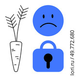 Carrot sketch, sad face, and lock in minimalist style, blue and black. Ideal for illustrating insecurity, nutrition, health, diet, and emotional struggles. Clean lines with a modern vector design. Carrot Next to Sad Face and Lock Depiction in Simple Vector Style. Стоковая иллюстрация, агентство Ingram Publishing / Фотобанк Лори